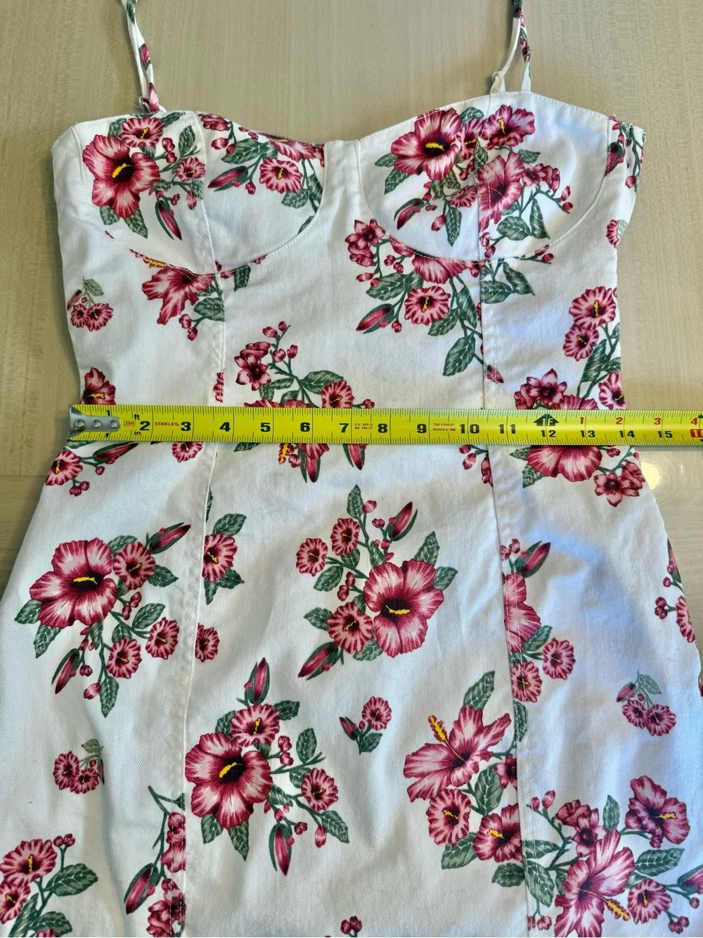 🌺 White Denim Bustier Hibiscus Floral Dress H&M Pink Flowers Large Sweetheart